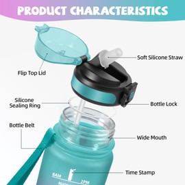 HoneyHolly Water Bottle 500 ml, Leak-Proof, BPA-Free, Motivational with Time Marking, Water Bottle with Straw, Sports Water Bottle for Children, Bicycle, Fitness, School, Office