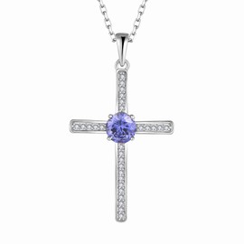 Aprila Women Necklace 925 Sterling Silver Cross Pendant Necklace with Cubic Zirconia December Birthstone Tanzanite Color Jewelry