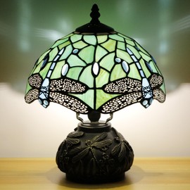 Small Tiffany Table Lamp Light Green Dragonfly Style Stained Glass Desk Lamp 10X11.5 Inch Mushroom Table Light for Office Home Living Room Bedroom