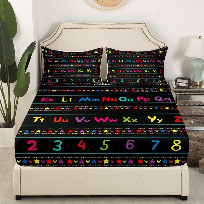 ABC Alphabet Bed Sheet Set Twin, Alphabet Numbers Fitted Sheet