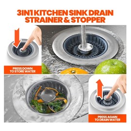 2 Pack 3 in 1 Kitchen Sink Drain Strainer & Sink Stopper, 304Upgraded Stainless Steel Drain Plug Combo with Anti-Clog Basket, Pop Up Drain Cover for Standard 3-1/2'',Garbage Disposal Parts