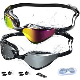 2PCS Gafas de natación,Kit de Natación 5 en 1,Gafas Natación para Adulto Polarizadas Antiniebla Protección UV Anti-vaho Con pinza nasal, puente nasal y tapones para los oídos (A)