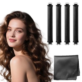 Heatless Curls Overnight, Heatless Hair Curler, Women No Heat Flexi Overnight Blowout Rods Long Short Hair Styling Tools for Long Short, Velvet Hair Rollers With Satin Scarf - 5 Pcs Black