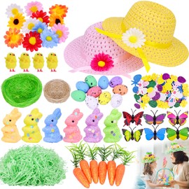 Hysgtek Easter Bonnet Kit Easter Bonnet Hat for Kids, 149Pcs DIY Easter Bonnet Decorations with Chicks, Bunny, Carrots, Eggs, Nests, Grass, Flower, Sticker, Butterfly for Boy Girl