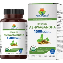 Brieofood Organic Ashwagandha 1500mg, 45 Servings, Vegetarian, Gluten Free, 90 Vegetarian Tablets