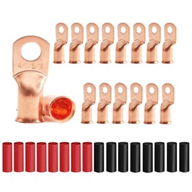 16Pcs 4/0 AWG 5/16" Stud Heavy Duty Copper Wire Lugs with 16Pcs Heat Shrink Tubing 4/0 Gauge Ring Terminals Battery Cable Ends Bare Copper Eyelets Tubular Ring Terminal for Car Boat Marine