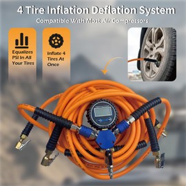 4 Tire Inflation Deflation System,4 Way Tire Inflation Hose System with Closed Flow Air Chuck Digital Tire Pressure Gauge Compatible with HPA Tanks and Compressors