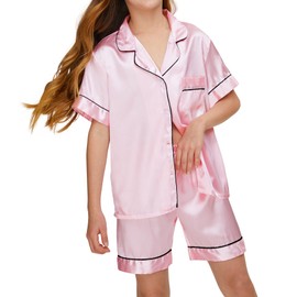 SEALINF Satin Girl Pajama Set Silk Pajamas for Girls With Eyemask 2 Pcs Button-up Sleepwear Kid Pjs Nightwear（ Pink,165 ）