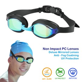 RUIGAO Swimming Goggles Kids 6-14, Anti Fog/Mirrored/UV Protection, Black/Blue Swim goggles with Case for Kids/Yoouth/Adult