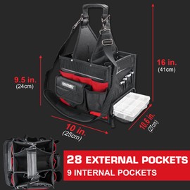HAUTMEC Pro Electrician Tool Bag with Extra Parts Tray, Heavy-Duty 1680D Tool Tote, 37-Pockets Open Top Tool Bag with Removable Shoulder Strap, Water-Resistant Wear-Resistant, HT0174-TBR