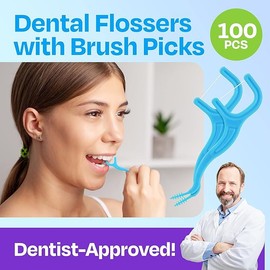 Dental Floss Picks for Adults with Brush Picks, Mint Flavor, 100 Count, 2 Travel Cases, Tooth Picks flossers for Adults that Glide on Tight Teeth for Sensitive Gums, Floss Picks for Teeth, Easy Grip