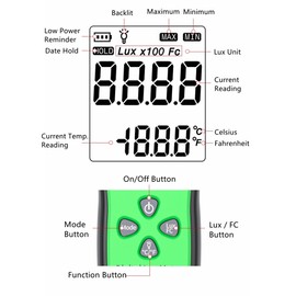 Yankok AS803F Smart Digital Light Meter 1-200000 Lux Measurement Lumen Checker Tools with High Accuracy 180D Rotatable Sensor and LCD Display Green (Come with User Manual but Battery NOT Included)