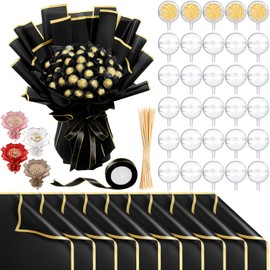 Funnymoom 71 Pcs DIY Chocolate Flower Bouquet Kit Graduation 2026 Candy Rose Clear Acrylic Lollipop Ball Holder Mother's Day Flower Wrapping Paper Ribbon Accessories Birthday Gift(Black)