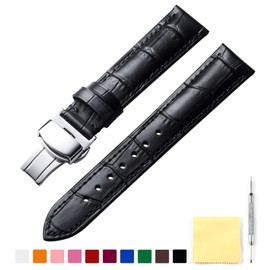 BINLUN Leather Watch Strap Quick Release Strap with Silver Butterfly Deployment Buckle 12mm 13mm 14mm 16mm 17mm 18mm 19mm 20mm 21mm 22mm 23mm 24mm Watch Band for Men Women (Black,17mm)