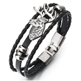 COOLSTEELANDBEYOND Leather Bracelet Wrap Sweatband Men Women Three Strands Black Braided Leather with Vintage Deer Charm, Black faux leather, No gemstone