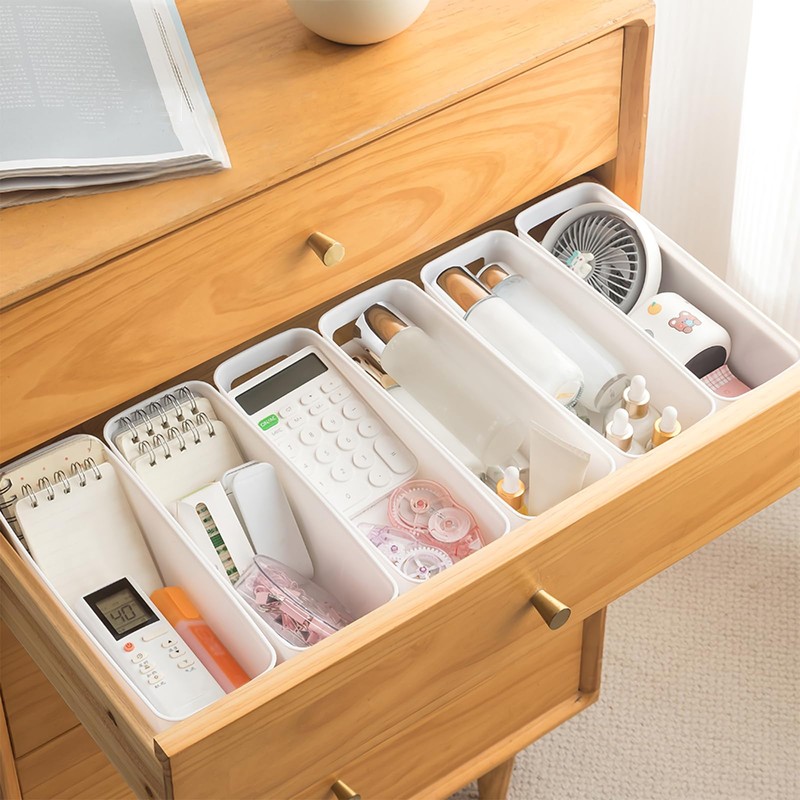 SHAIDOJIO 10Pcs White Narrow Storage Bins, 10" Long Bathroom Organizing