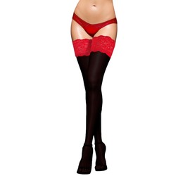 JUST BEAUTY TOUCH Opaque Hold-ups 100 Denier 15 cm Deep Lace Top New Size S - 4XL Winter Autumn Hold ups (XL/XXL, Black(Red))