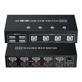 BolAAzuL HDMI + Displayport KVM Switch Box 4 Port, Dual Monitor 4 Computers HDMI 2.0 DP 1.2 USB 2.0 KVM Switch 4K 60Hz, Keyboard Mouse Peripherals Switcher HDMI+DP 4 in 2 Out for 4 PCs 2 Monitors