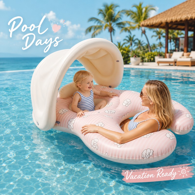 Parent-Child Inflatable Pool Float with Canopy – Double Seat PVC
