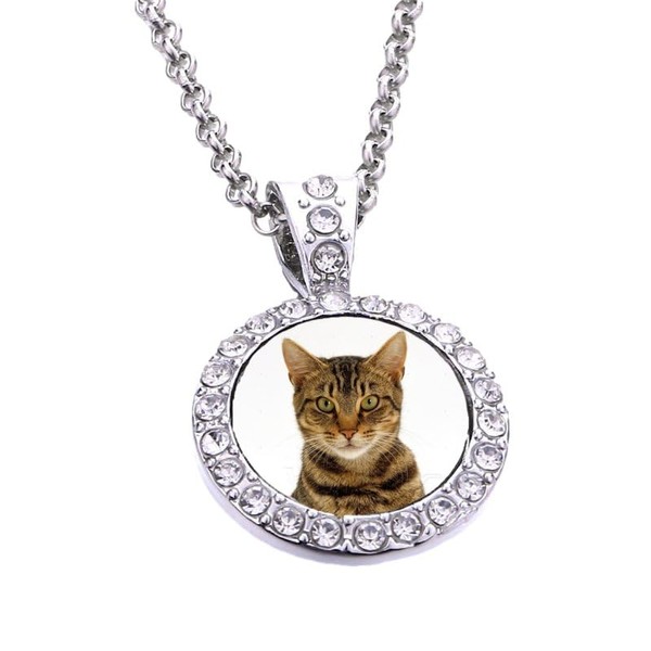 PJ4U Tabby Cat Pet Family Silver Colour Necklace With Diamante