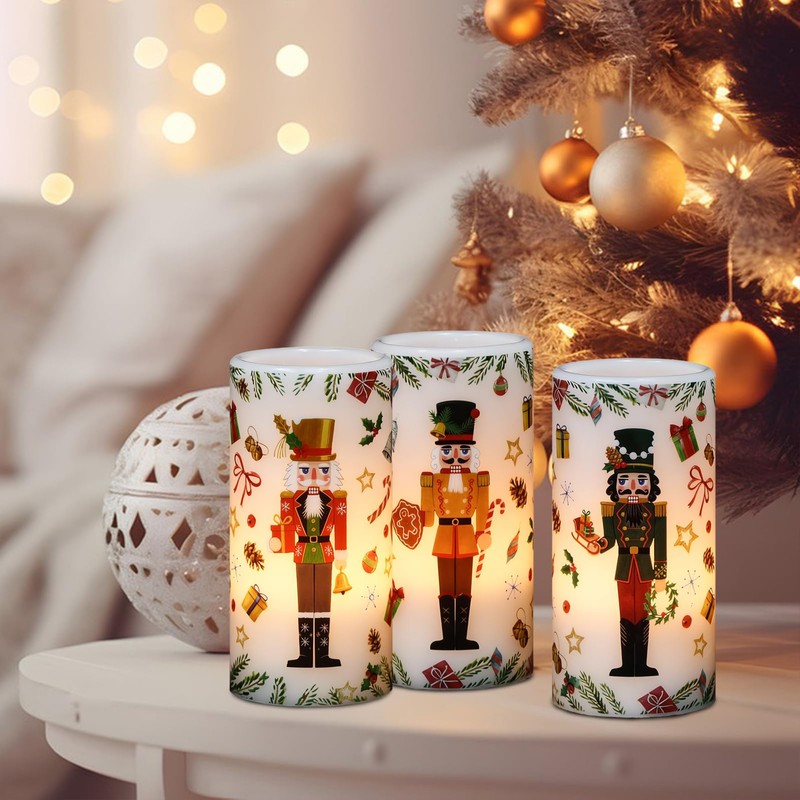 Lasumora Christmas Nutcracker Flameless Pillar Candles with Remote Timer, LED