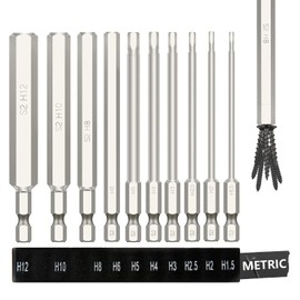 10PCS 100MM Metric Allen Key Hex Screwdriver Bit Set, 1/4 Inch Hex Shank Allen Wrench Drill Bit Set, 1.5MM-12MM Magnetic Quick Release Extension Bit Holder Set for Assembling Furniture(Silver)