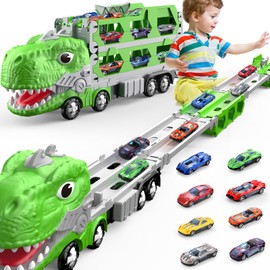 Intoypad Dinosaur Truck Toys for Kids Toddlers, 5.6-FT Foldable 5-Layer Race Track with 8 Die-Cast Race Cars Toy, Transport Car Carrier Garage Toy, Birthday Gifts Toys for Kids Boys Ages 3 4 5 6 7 8