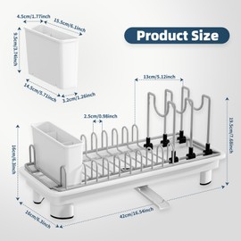 SanDream Small Dish Drying Rack, Compact Dish Rack for Kitchen Counter with Removable Cutlery Holder, 360°Rotating Spout, Multifunctional Stainless Steel Dish Drainer, Space Saving, White