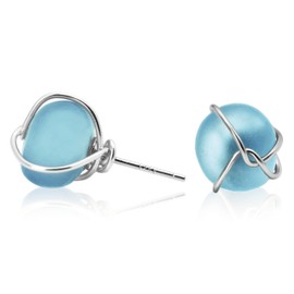 PEPELUALI Sea Glass S925 Silver Stud Earrings Jewelry Beach Glass Earrings Weddings Valentine Birthday Gift For Her Ocean Earrings Gift for Women (Sky Blue)