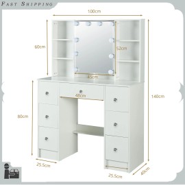 Yamissi Large Vanity Makeup Table with 10 LED Lighted Mirror and 7 Drawers Dressing Desk