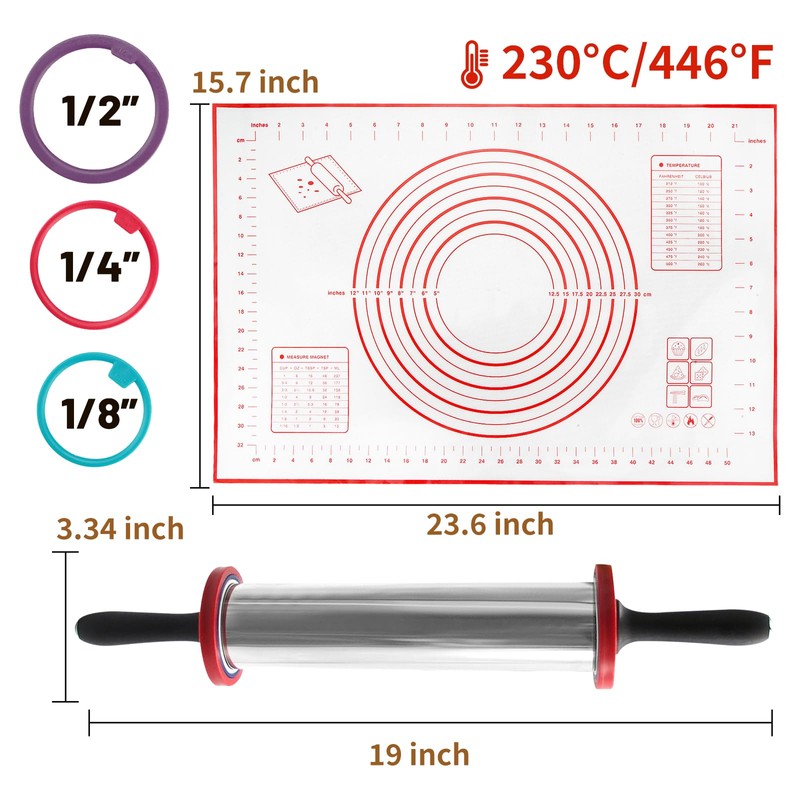 SHIKORI Rolling Pin,Adjustable Rolling Pin with Thickness Rings, Stainless Steel