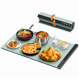 Warming Mat for Food - Full Surface Rapid Heating, Rollable & Portable Food Warmer Mat with 6 Temperature Settings and 1-4 hours adjustable Timer, Silicone Heating Mat for Party Buffet (Grayish green)