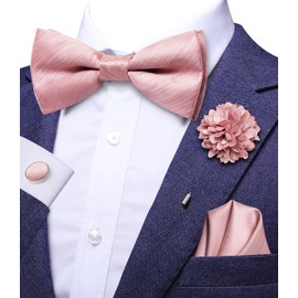 Hi-Tie Pretied Bowtie Lapel Pin Set for Men Pocket Square Cufflinks 4PCS Bow Tie Set Mens Wedding Business Party, Blush Pink