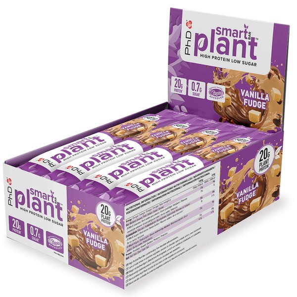 PhD Smart Plant Hight Protein Bar Low Sugar, Vegan Protein Bars/Protein Snack, Vanilla Fudge Flavour, 20g of Plant Protein, 64g Bar (12 Pack)