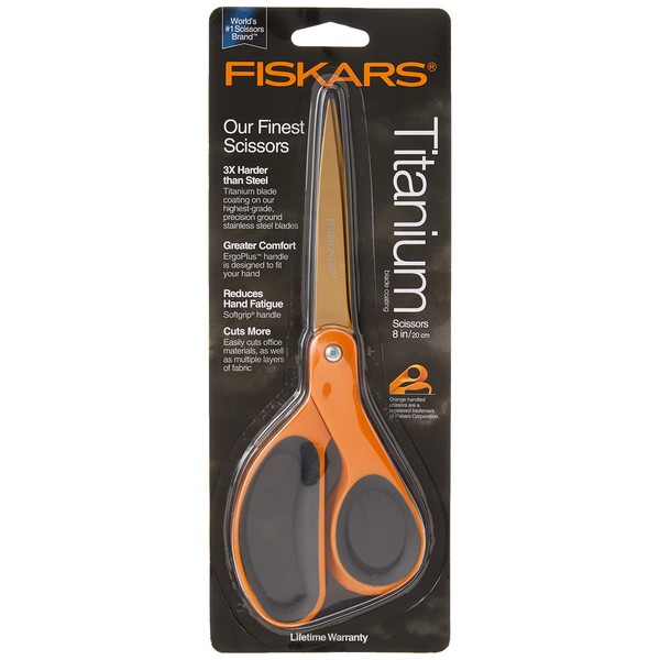 Fiskars 01-004244J Premier Softgrip Titanium Straight Adult Scissors, 8 Inch, Orange