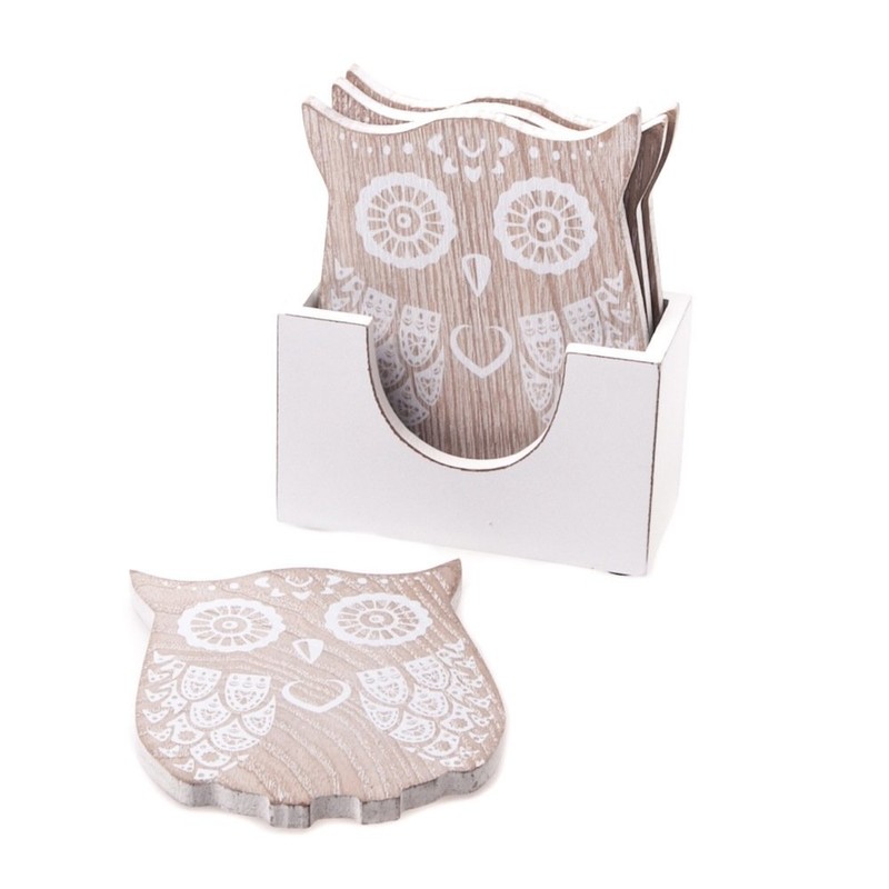 Coasters Owl Whitewashed Wood Set of 4