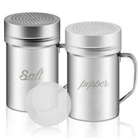 Stainless Steel Salt and Pepper Shakers Set, 14 OZ Seasoning Spice Shaker with Lid and Handle 127 Holes, Metal Dredge Shaker for Powder Sugar Cooking Kitchen Baking (2 Pieces)