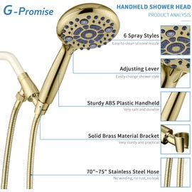 G-Promise Handheld Shower Head High Pressure 6 Spray Settings, Detachable Hand Held Showerhead 4.9 Inch Face with Extra Long Flexible Hose and Metal Adjustable Bracket