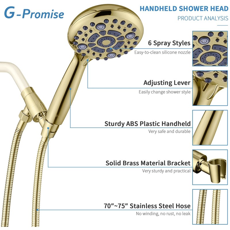 G-Promise Handheld Shower Head High Pressure 6 Spray Settings, Detachable