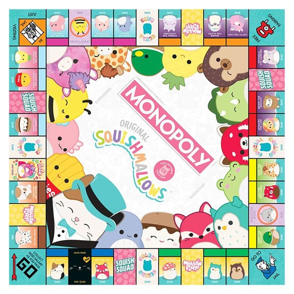 Monopoly: Squishmallows | Collector’s Edition Featuring Cam The Cat Plush Buy, Sell, Trade Spaces Squshmallows Collectible Classic Monopoly Game Officially-Licensed For 6 Players