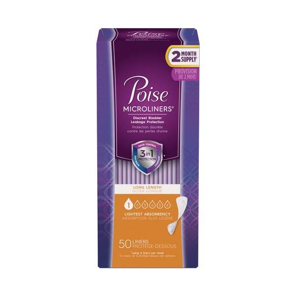 Poise Microliners, Incontinence Panty Liners, Lightest Absorbency, Long, 50 Count