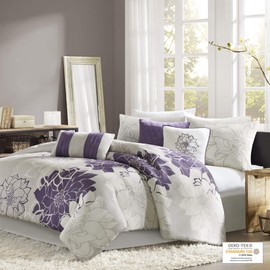 Madison Park Lola Sateen Cotton Comforter Set-Casual Medallion Floral Design All Season Down Alternative Bedding, Shams, Bedskirt, Decorative Pillows, Cal King(104"x92"), Grey/Purple, 7 Piece