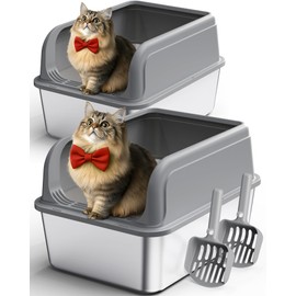Powools Stainless Steel Cat Litter Box, Metal Kitty Litter Box with Scoop, Anti-Leakage Top Entry, Non-Sticky, Easy to Clean, Grey, L (2 Packs)