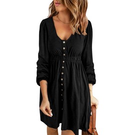 BTFBM Women 2025 Casual Button Down Summer Spring Dresses Long Sleeve Crew Neck Solid High Waist Short Tunic Mini Dress(Long Buttons Black, Medium)