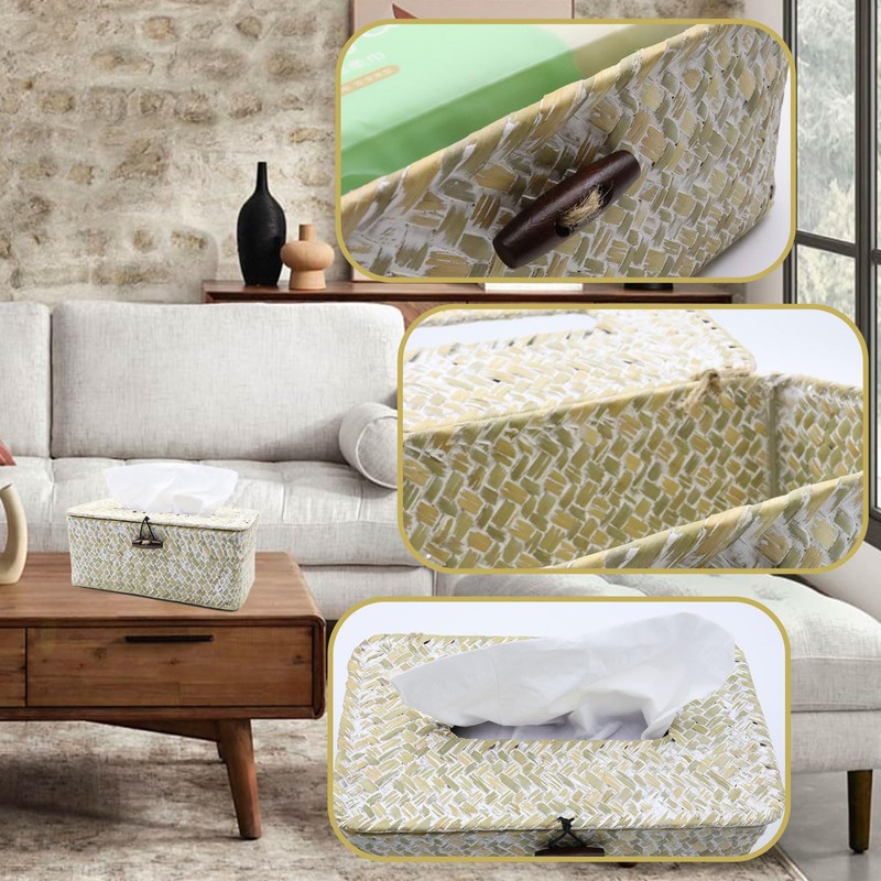 Shonmogar Tissue Box Cover Rectangle Seagrass Tissue Box,Woven Tissue Box