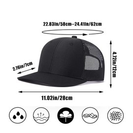 PACIOCEAN Mesh Trucker Hat, Black, Adjustable Snapback, UV Protection, Breathable Sweatband, 58-62 cm Circumference