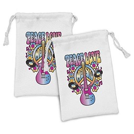 Ambesonne Groovy Fabric Pouch Set of 2, Peace Love Music Text Guitar Records Flowers Musical Notes Illustration, Small Drawstring Bag for Toiletries Masks and Favors, 9" x 6", Blue Pink Yellow