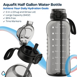 AQUAFIT Half Gallon Water Bottle With Time Marker - 2in1 Lid - 64 oz Water Bottle With Straw - Gym Water Bottle - Big Water Bottle - Reusable Water Bottles With Straw - Large Water Bottle (Gray)