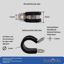 Lumonic 5 x 16 mm pipe clamps with rubber insert, stainless steel V2A, cable clamps for screwing, hose clamp 16 mm, pipe clamps, mounting clamp 16