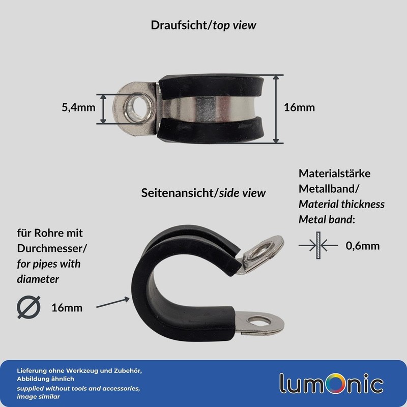 Lumonic 5 x 16 mm pipe clamps with rubber insert,